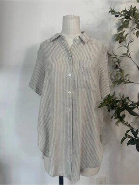 Theory Haydena Stripe Linen Blend Button Front Gray White Short Sleeve Blouse